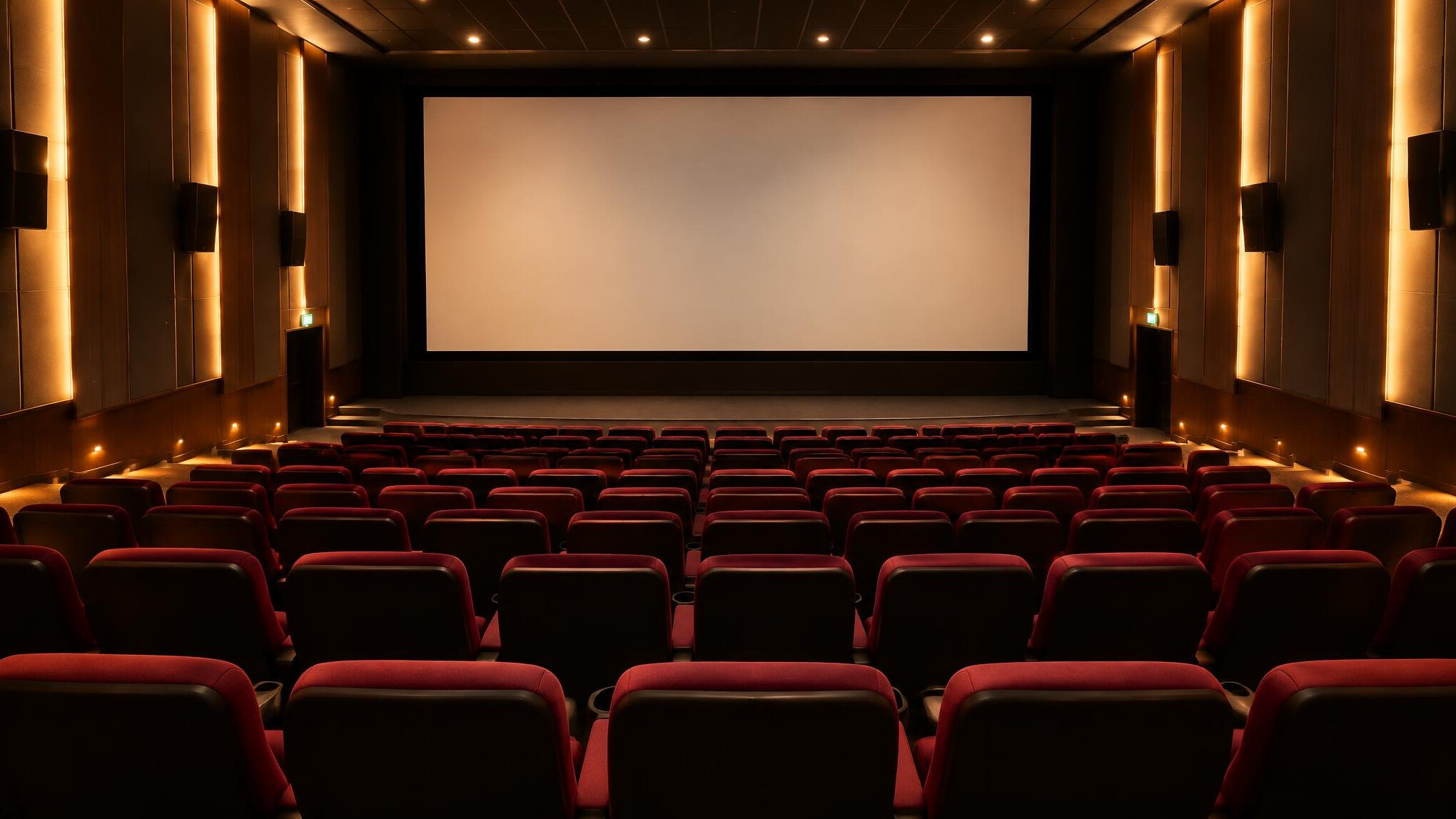 Empty cinema hall with red seats facing a screen