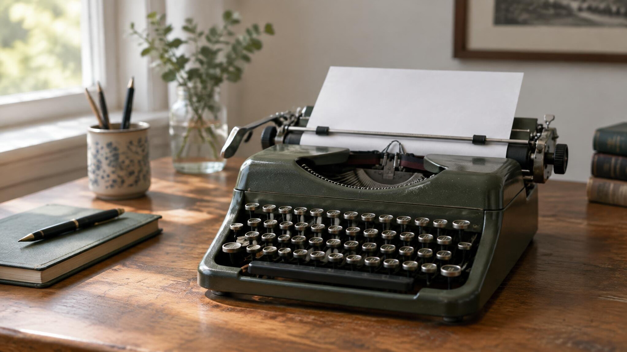 Vintage typewriter with a sheet of paper on a wooden desk