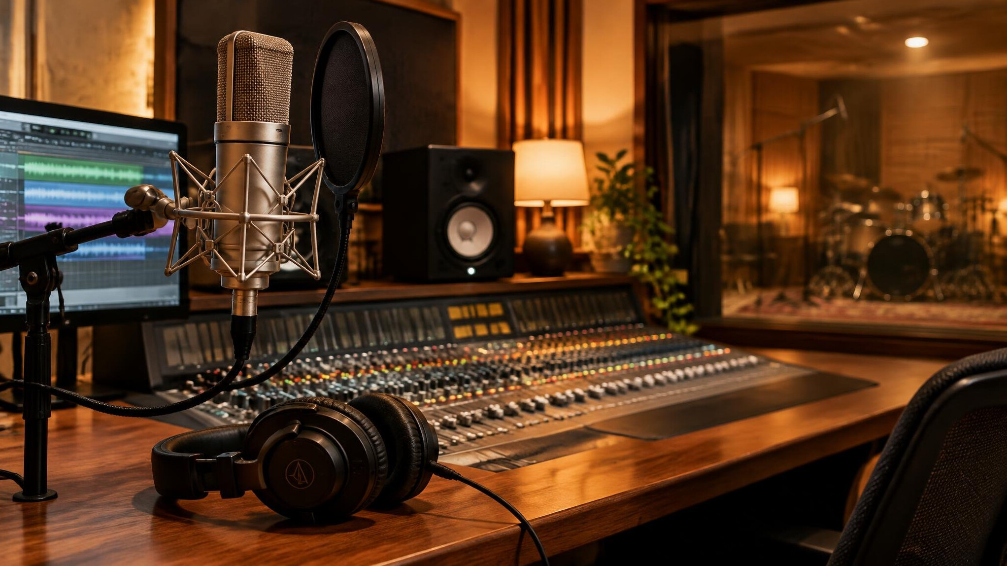 Professional recording studio with microphone and mixing console