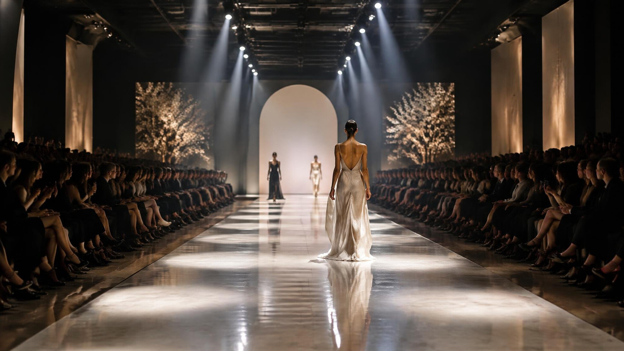 Fashion runway with models walking under spotlights