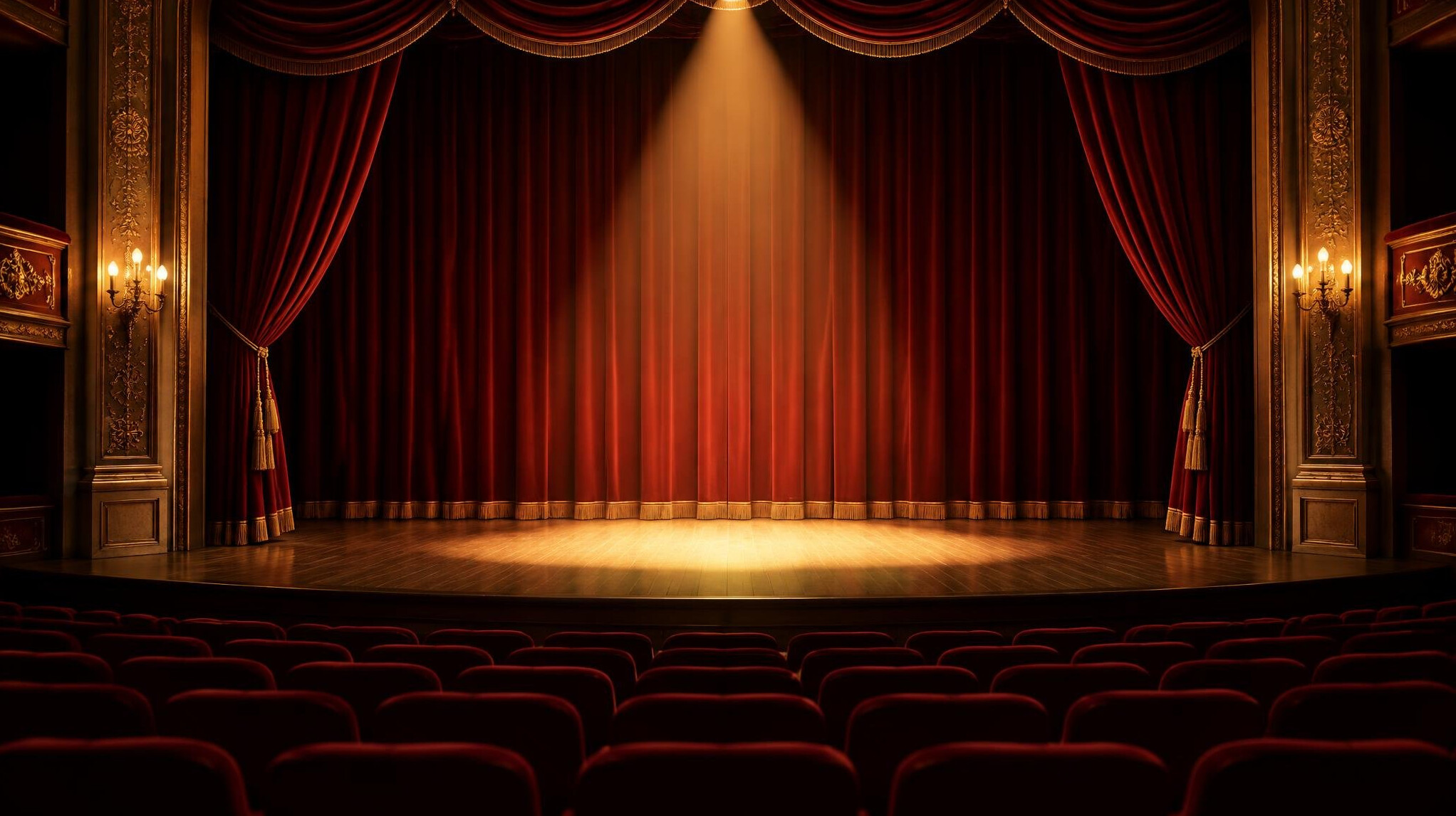 Theater stage with red curtains and spotlights