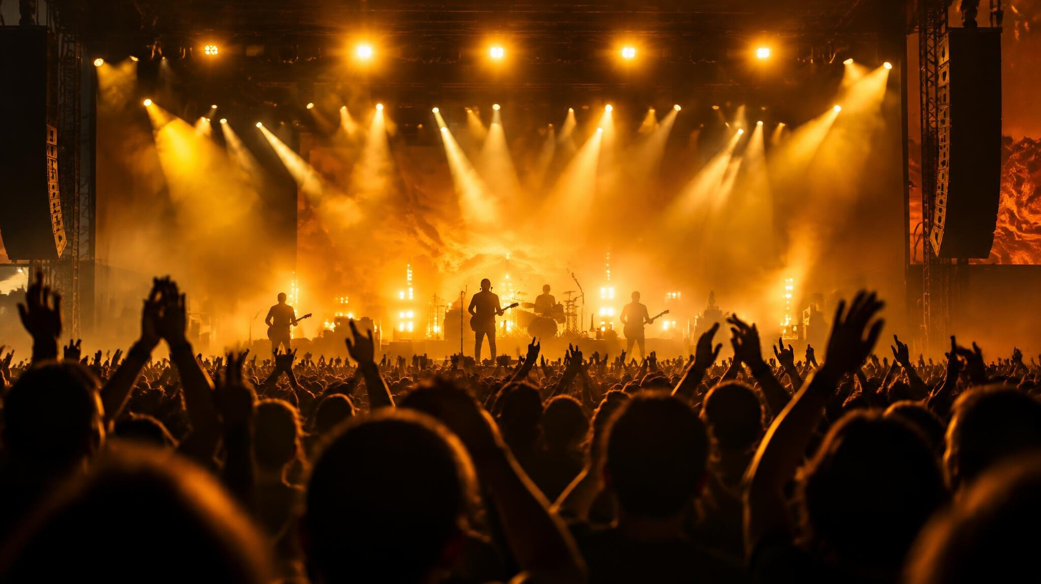 Concert stage with bright colorful lights and silhouetted audience