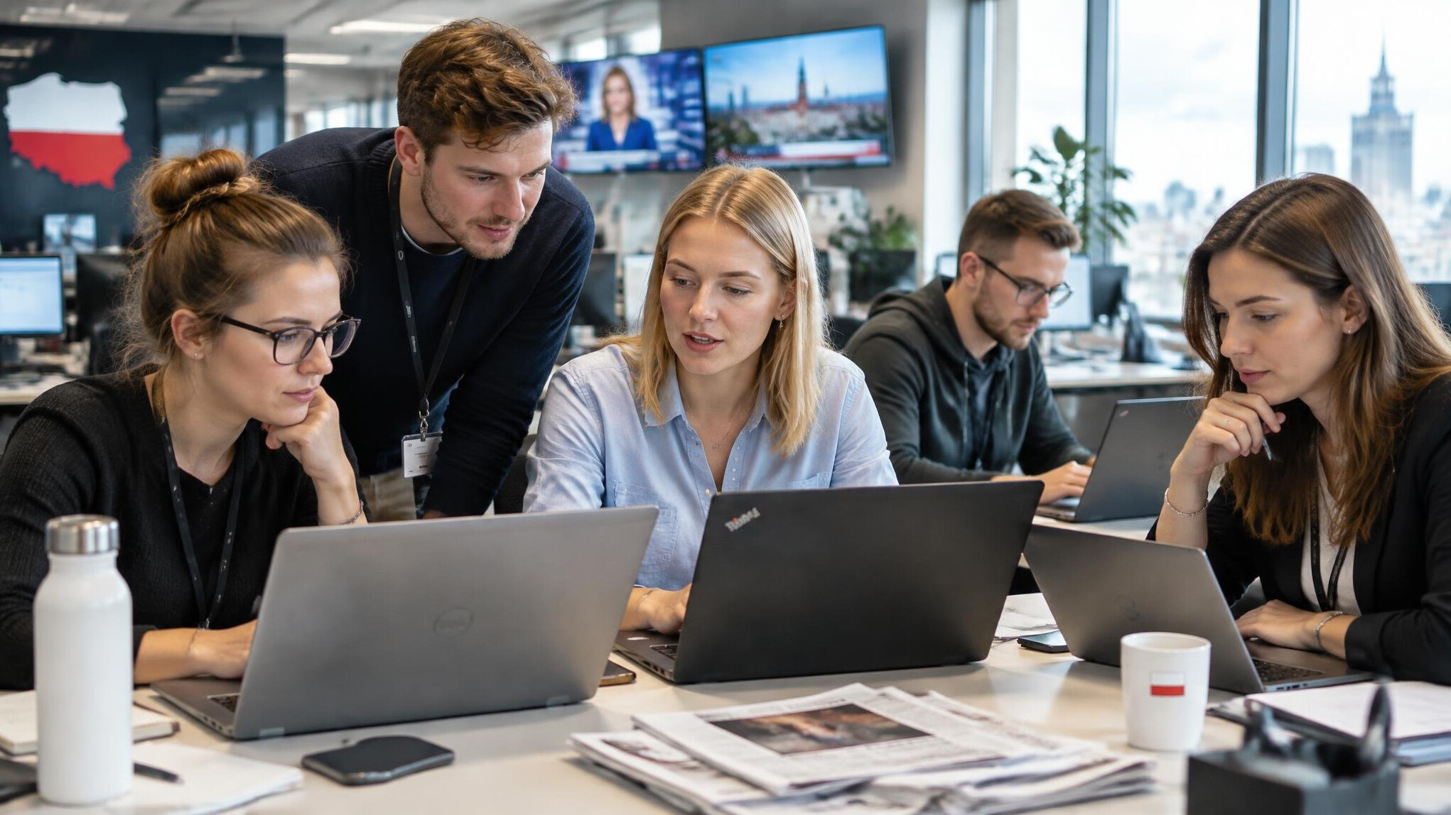 Group of colleagues working together at laptops in a modern office