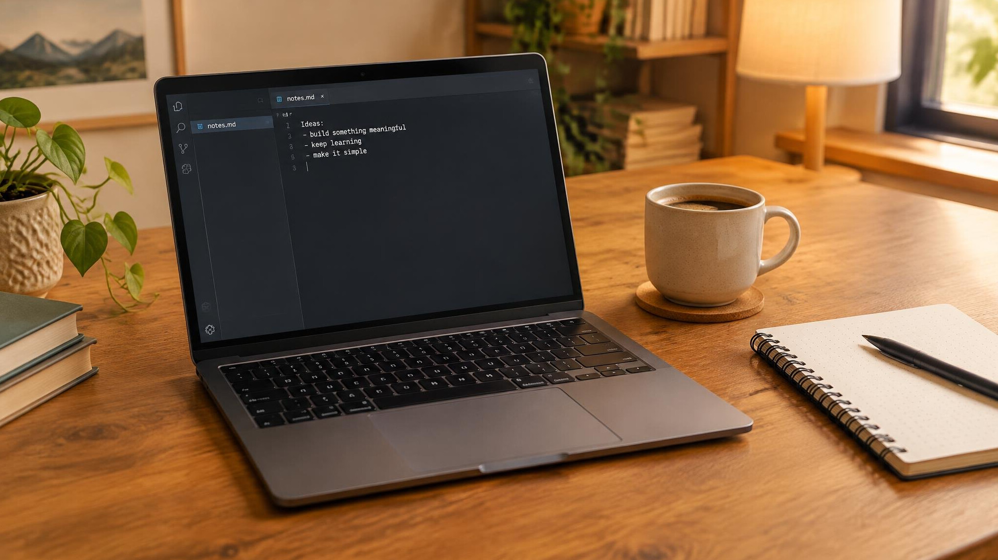 Laptop with open text editor next to a coffee cup